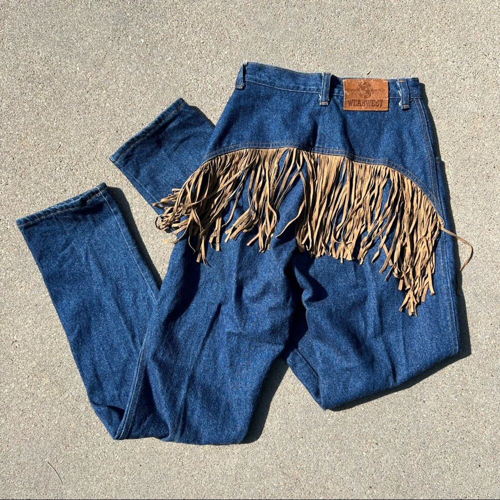 Vintage 80s high rise fringe bare back cowgirl western jeans